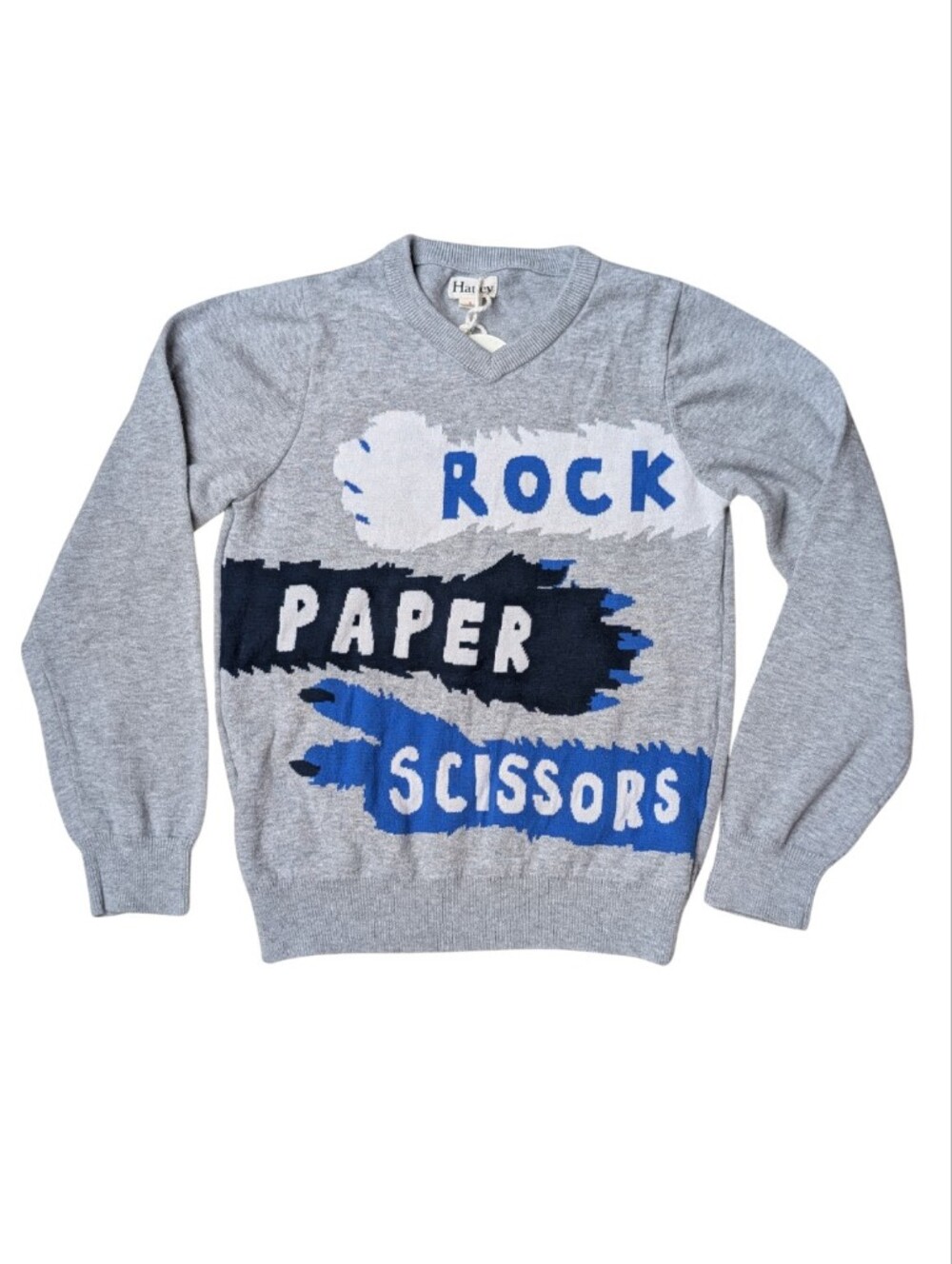 NWT Hatley Kids Boys Rock Paper Scissors V-Neck Grey Knit Sweater Size 8